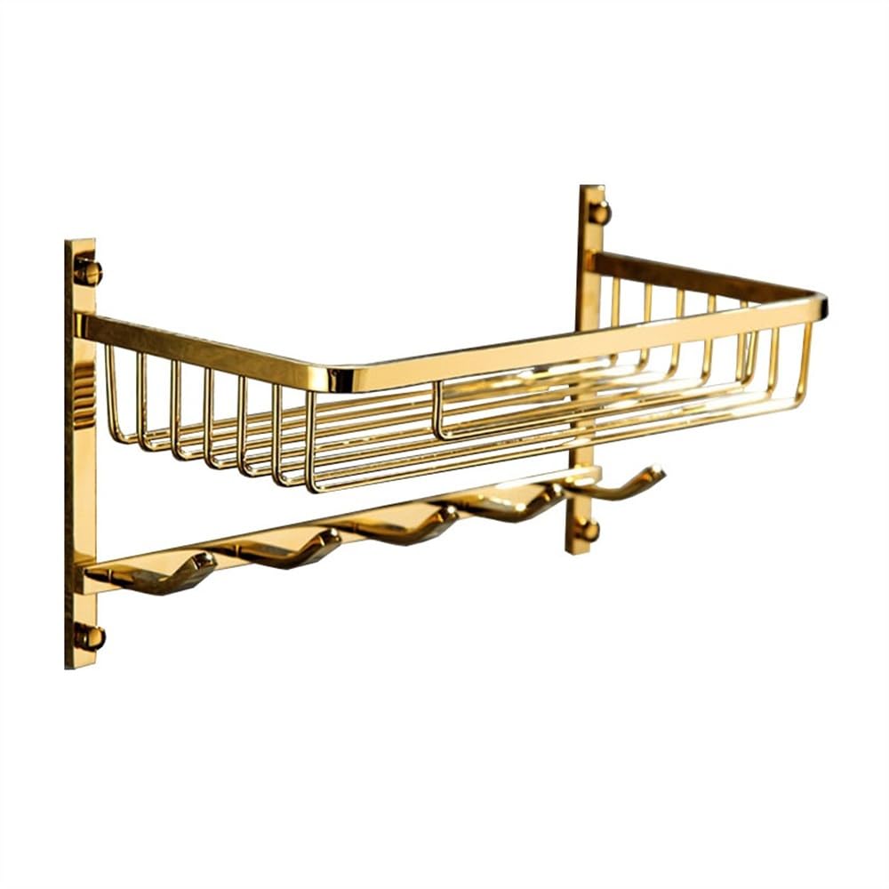 GLigeT Bathroom Shelves Bathroom Shower Rack Gold Brass Shower Organizer with 5 Hooks Wall Mounted Drilling Installation Shower
