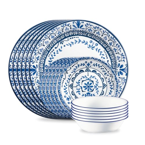 Corelle Vitrelle 18-Piece Service for 6 Dinnerware Set, Triple Layer Glass and Chip Resistant, Lightweight Round Plates and Bowls Set, Portofino