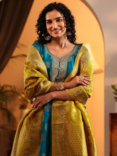Image of Libas Woven Design Silk Blend Straight Kurta With Trousers and Dupatta