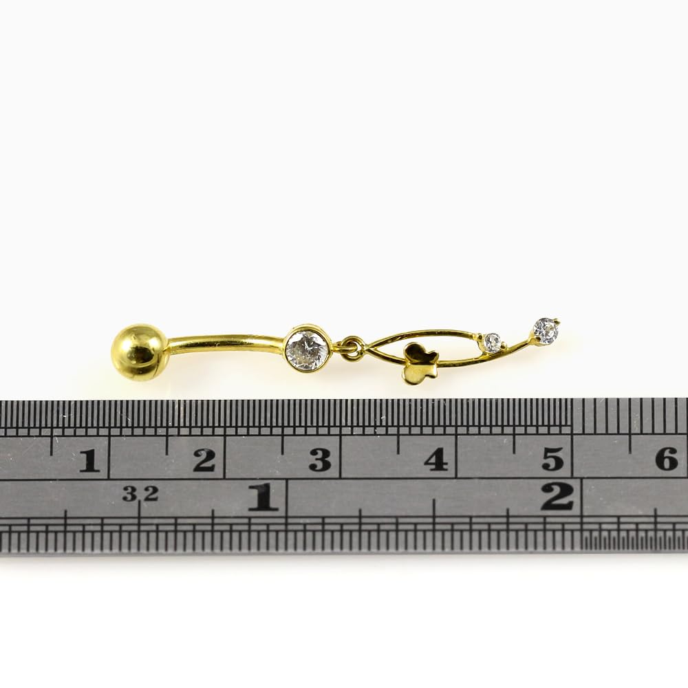 Monster Piercing Piercing para Ombligo de Oro Amarillo Macizo de 14 Quilates con Piedra circonita cúbica Transparente en Rama, Calibre 14, joyería