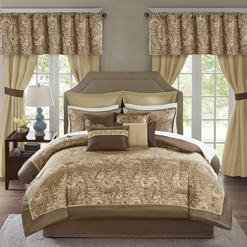 Image of Madison Park Essentials Brystol 24 Piece Room in a Bag Faux Silk Comforter Jacquard Paisley Design Matching Curtains Down Alternative Hypoallergenic All Season Bedding-Set, Queen(90 inchx90 inch), Brown | Matching Curtains Room in a Bag, Down Alternative Bedding Set, All Season, Machine Washable, Wrinkle Resistant, Ultra Soft