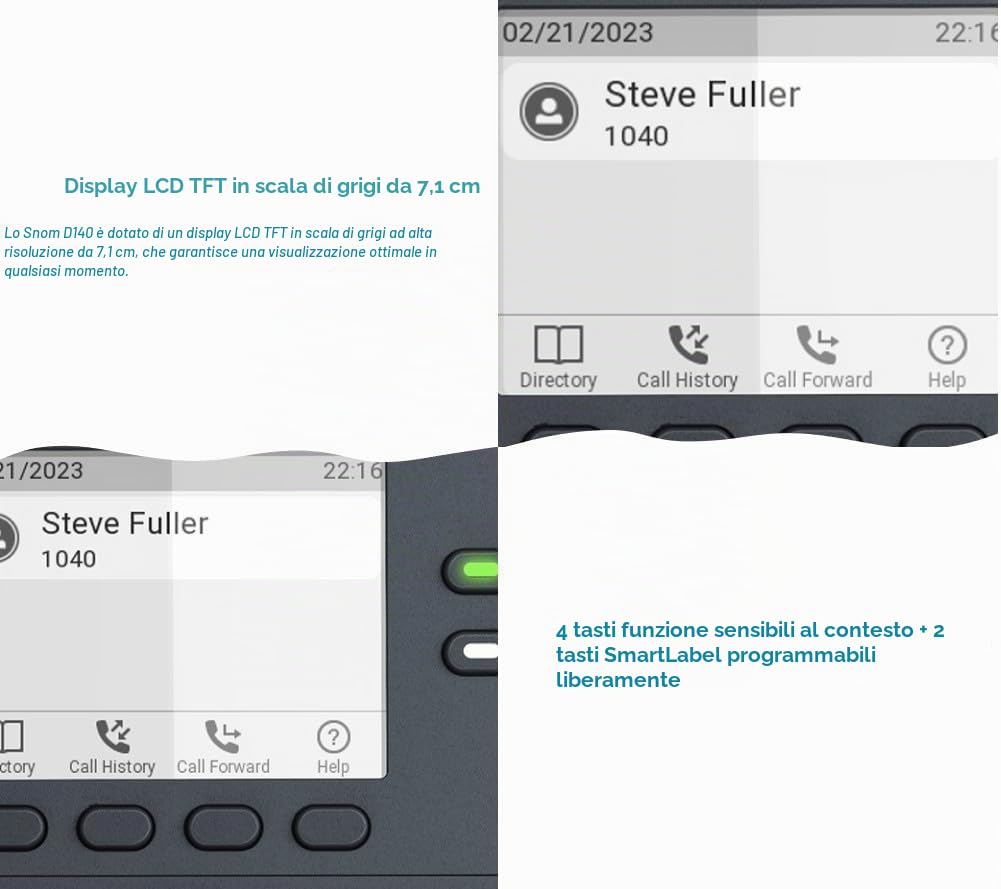 Snom D140 Telefono VoIP Fisso per Centralino Telefonico, Display TFT LCD 2,8 Scala di Grigi, 2 Account SIP, Tasti SmartLabel Programmabili, PoE Classe 1, Indicatore Notifiche 360°, Grigio Ardesia
