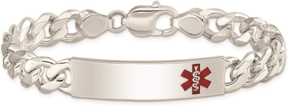 Polished Engravable Personalized Custom 925 Sterling Silver Polished Medical Curb Link ID Bracelet For Men or Women Length 8.5 inches Width 10 mm