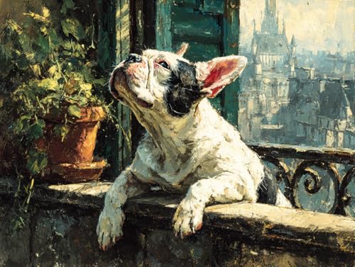 KY-link Kit per principianti, bulldog francese che prende il sole sul balcone, kit per ricamo, kit per principianti, kit per principianti, 40,6 x 50,8 cm