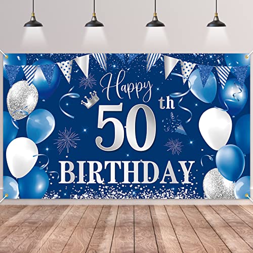 Image of 50th Birthday Banner Backdrop,BTZO Happy 50th Birthday Decorations,Blue Silver Fabric Photo Backdrop Background for Men and Women 50th Birthday Party,70.8 x 43.3Inch