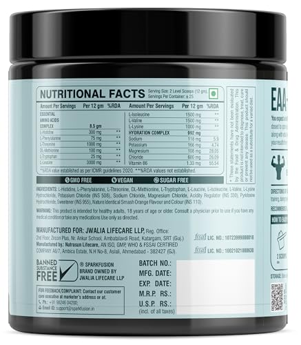 Image of Sparkfusion 8500 mg Eaa+ & 6000mg Bcaa (300 gm) Essential Amino Acids | Pre /Intra Workout and Muscle Growth & Recovery | All 9 Essential Amino Acid EAA Powder (Smash Orange)