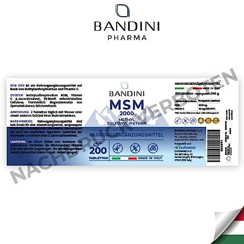Bandini® MSM - 2000mg mit 40mg VITAMIN C pro Tagesdosis - Kompakteres Methylsulfonylmethan Pulver als bei Kapseln - Ohne Magnesiumstearat, hochdosiert, vegan, ohne Zusätze, laborgeprüft - 200 Tab