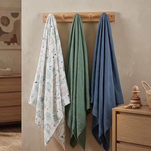 Image of Muslin Swaddle Blankets for Newborn, 3 Pack Breathable Soft Receiving Blanket, Large 38 x 40 inches Swaddle Wrap Burping Clothes Diapers, Essentials Infant Shower Items, Toddler Gift (Fawn & Leaves)