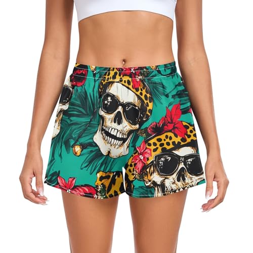 UMIRIKO Gothic Skull Leopard Hats Women's Running Shorts with Pockets Sporty Workout Quick Dry Athletic Shorts L 202c0110