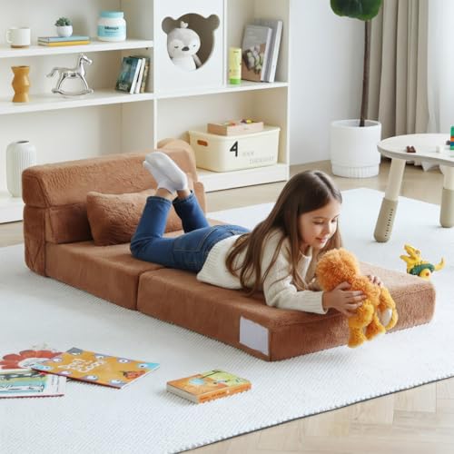 Image of Tiita Convertible Folding Kids Sofa Bed with Pillow & Storage Bag, Plush Fabric Floor Mattress Couch Bed, Washable Cover, Kids Room, Playroom, Dorm, Apartment, Brown