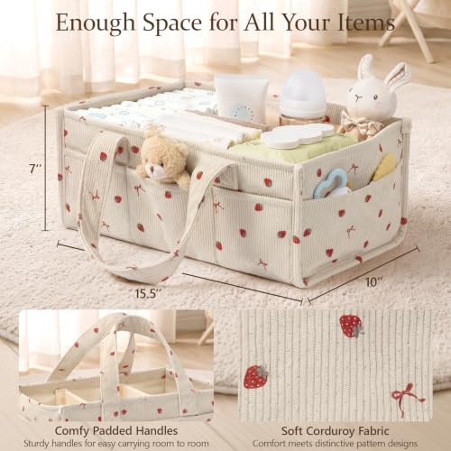 Image of Corduroy Baby Diaper Caddy Organizer with Handles, Nursery Storage Basket