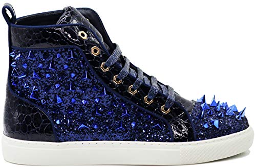 Enzo Romeo Men's High Top Crystal Shimmer Rhinestone Blink Flat Spike Fashion Sneakers Shoes BUL22