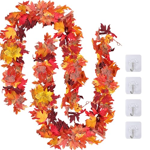 TENQUAN Paquete de 2 hojas de arce artificiales de otoño, guirnalda de otoño de 5.7 pies, decoración de plantas colgantes de otoño, 175 cm/pieza, decoración de fiesta de Acción de Gracias para el