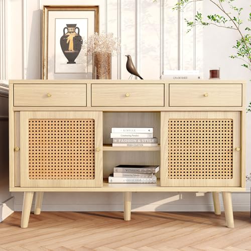 BRILVERDE Mueble de comedor con cajones y puertas, mueble de ratán con asas metálicas y patas de madera maciza, armario de cocina con compartimentos abiertos, mueble de madera, armario multiusos 120 x