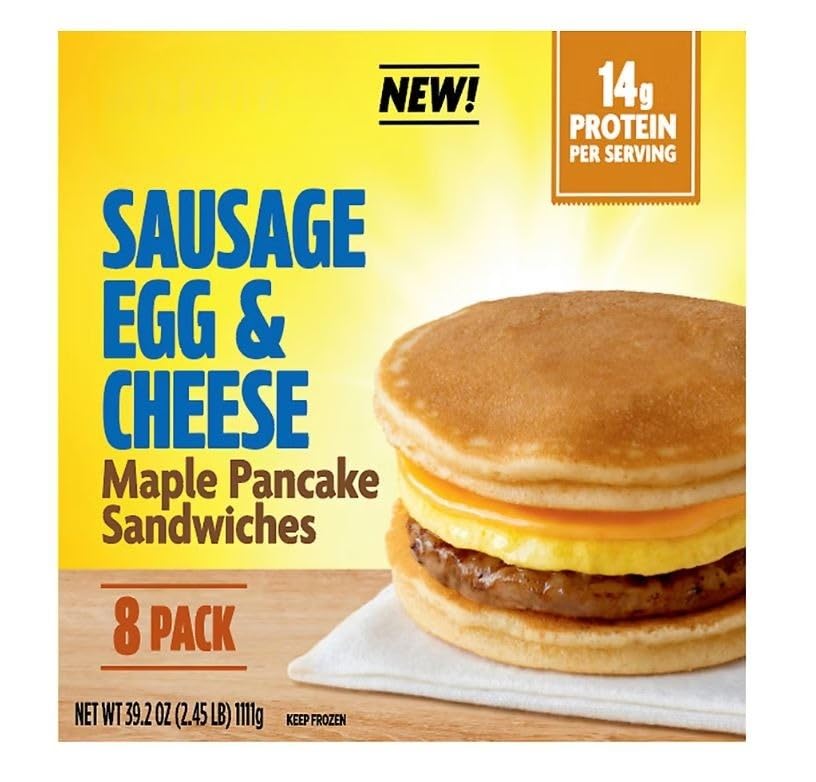 Sausage, Egg, and Cheese Breakfast Sandwiches are a delicious and satisfying way to start the day with your family. Each sandwich features a savory sausage patty, a fluffy, perfectly cooked egg, and rich, melted cheese—all nestled between two sweet maple pancakes that add a delightful hint of sweetness to every bite. This flavorful combination of protein and sweetness creates a breakfast experience that’s both hearty and indulgent. Fully cooked and with 14 grams of protein, these sandwiches are a convenient option for busy mornings, ready to heat and serve in just minutes. 8 ct [ 39.2 oz , 2.4 pound ]