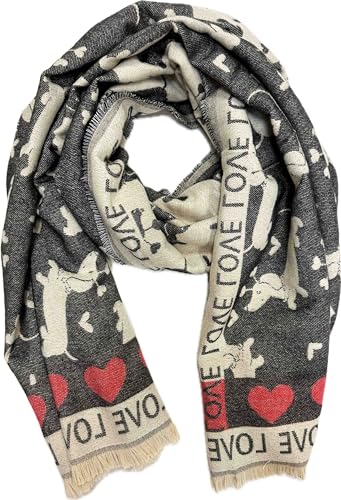 Jeamis XXL Hunde Dog Muster Dackel Strickschal Warmer Winter Schal Fashion Tuch Herbst Frühling Stola Wolle mit Fransen Tuch (LoveHund Schwarz)