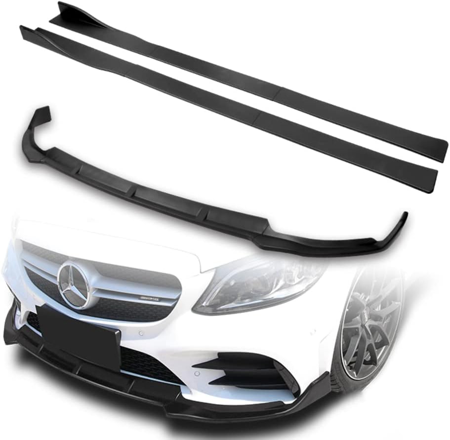 Q1-TECH, 9-Piece Front Bumper Lip & Side Skirt Extensions Diffuser Compatible with 2019-2021 Mercedes-Benz C-Class W205 Model Only, Front Lip Spoiler Air Chin Body Splitter ABS (Painted Black)