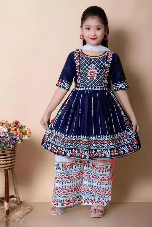 Image of Girls Traditional Embroidered Kurta Palazzo Set, Green and White, Floral Design, Half Sleeves