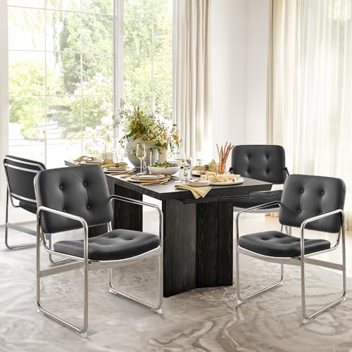 Image of MALOL Modern Accent Dining Chairs Set of 2, Button Faux Leather Upholstered Dining Room Arm Chair with Metal Legs for Dining Room /Kitchen /Living Room /Home /Restaurant /Coffee Shop, Black