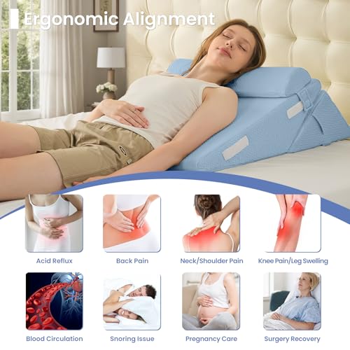 Sasttie Wedge Pillow Set for After Surgery, 3PCS Adjustable Bed Wedge Pillow Headboard with Memory Foam Neck Cushion – for Acid Reflux, Sleeping, Neck & Back Support, Blue