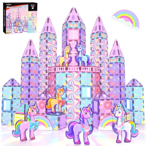 GobiDex 100PCS Unicorn Magnetic Tiles with 6 Unicorns Princess Castle Unicorn Toys for Girls Age 4-6 Magnetic Blocks Building Toys for 3 4 5 Year Old Girl Birthday Gifts