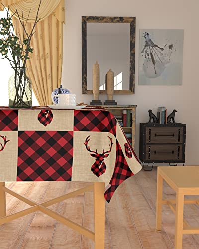 Lusweet Rectangle Tablecloth 60 X 84 Inch Merry Christmas Reindeer Red Farmhouse Buffalo Plaid Table Cloth Decorative Fabric Waterproof Table Cover For Dining Table,Buffet,Tabletop #TOP3