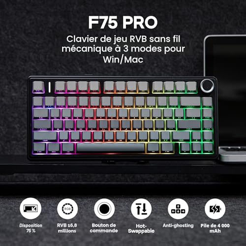 MechLands Aula F75 PRO 75% Custom Creamy Clavier de jeu mécanique sans fil, BT5.0/USB-C/2,4 GHz, structure gasket, bouton RVB, switches Reaper pour Win/Mac (dégradé de noir) – vue 2