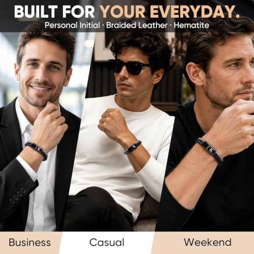 Initial Bracelet for Men, Black Hematite Beads & Braided Leather Bracelet - image 3