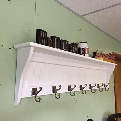 Coat Rack Wood Country Wall Shelf White 53" Wide Display Wall Shelf Hanging Antique Iron Hooks