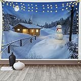 ABAKUHAUS Weihnachten Wandteppich, Rustikale Holzblockhaus-Szenerie in der Wintersaison Warmes Mondlicht, aus Weiches Mikrofaser Stoff Wand Dekoration Für Schlafzimmer, 150 x 110 cm, Blau Weiß