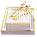 IOOOOO 120 Pieces Gold Plastic Square Plates with Disposable Silverware, Premiun Heavyweight Clear Dinnerware Include: 24 Dinner Plates 9.5", 24 Dessert Plates 7", 24 Forks, 24 Knives, 24 Spoons