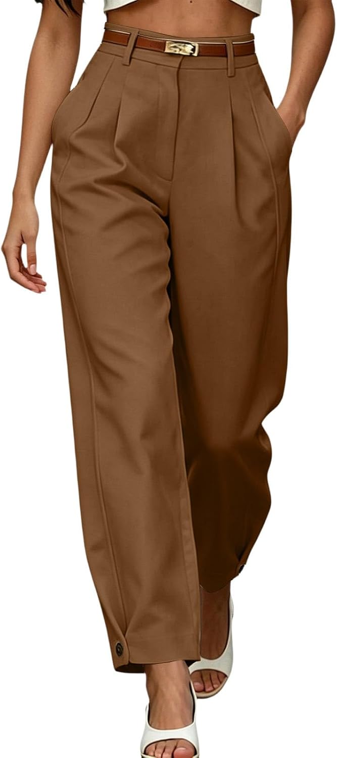 Womens Casual Business Work Pant Straight Suit Pants Elastic High Waist Comfy Work Office Loose Palazzo Pants