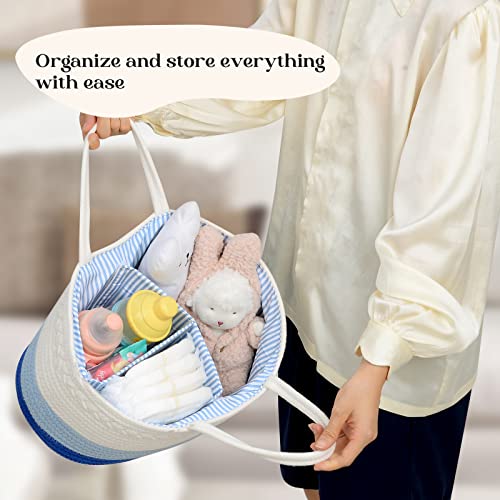 Image of luxury little Diaper Caddy Organizer, Large Cotton Rope Nursery Baby Basket, Changing Table Organizer for Baby Diaper Storage, Portable Car Organizer Removable Divider (Blue, Large)