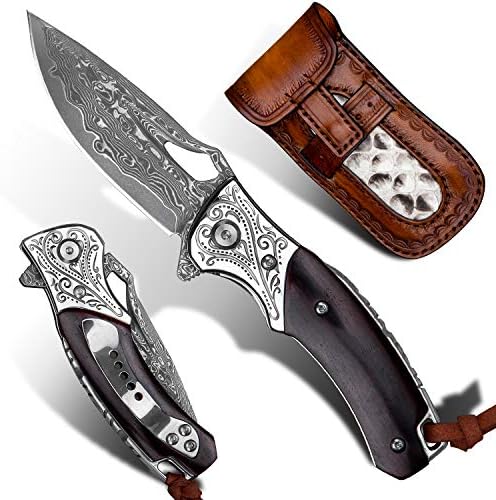 TURENZ Handmade Damascus Steel Flipper Folding Knife with Pocket Clip, Liner Lock, Tactical Knife for Camping, Hunting, Fishing and EDC (Black & White)