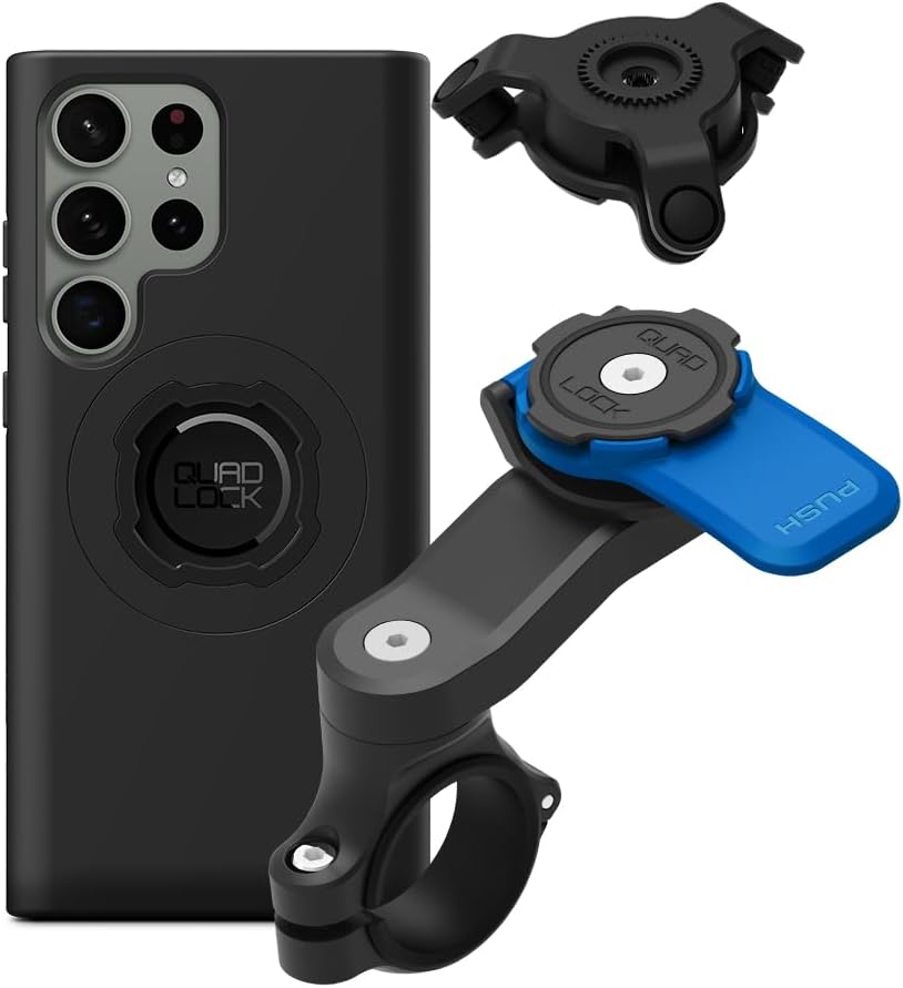 Quad Lock Motorcycle Handlebar Phone Mount Kit with Vibration Dampener and Galaxy S23 Ultra MAG Case