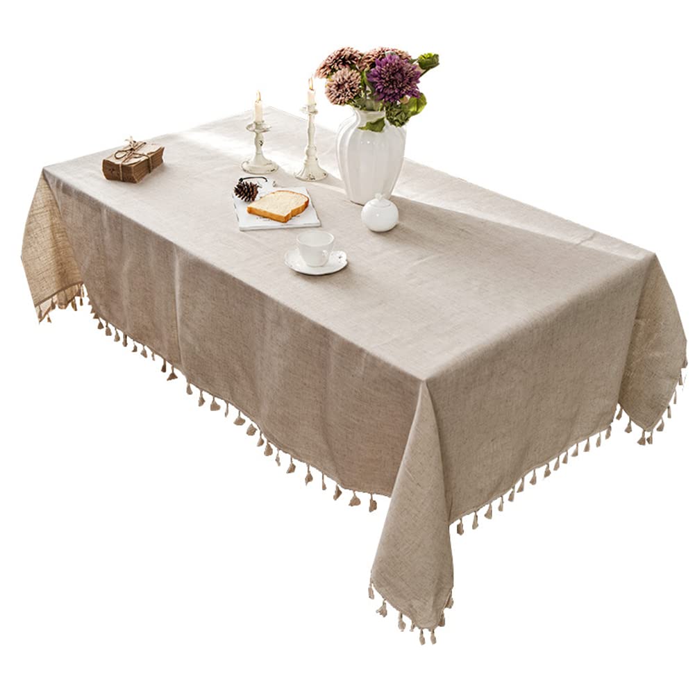 Aothpher Solid Color Tablecloth with Tassels Cotton Linen Table Cover for Kitchen Dining Farmhouse Tabletop Decoration (Rectangle 55 x 70 Inch, Neutral)