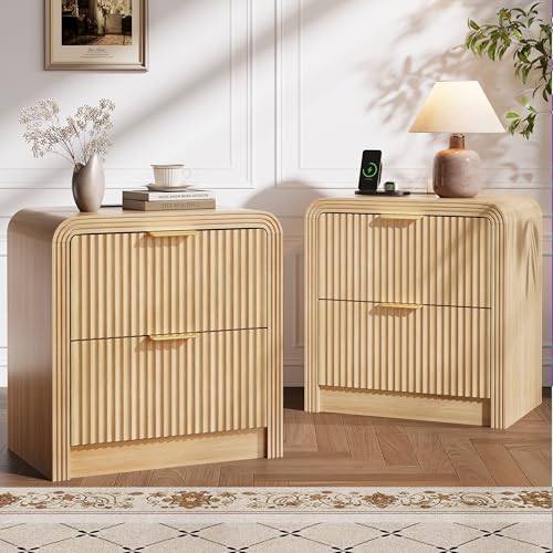 Decofy 23 Wide Fluted Nightstand with 2 Large Drawers Set of 2 Beside Table with Charging Station Mordern Night Stand with Curved Corners & Metal Handle Wood End Table for Bedroom