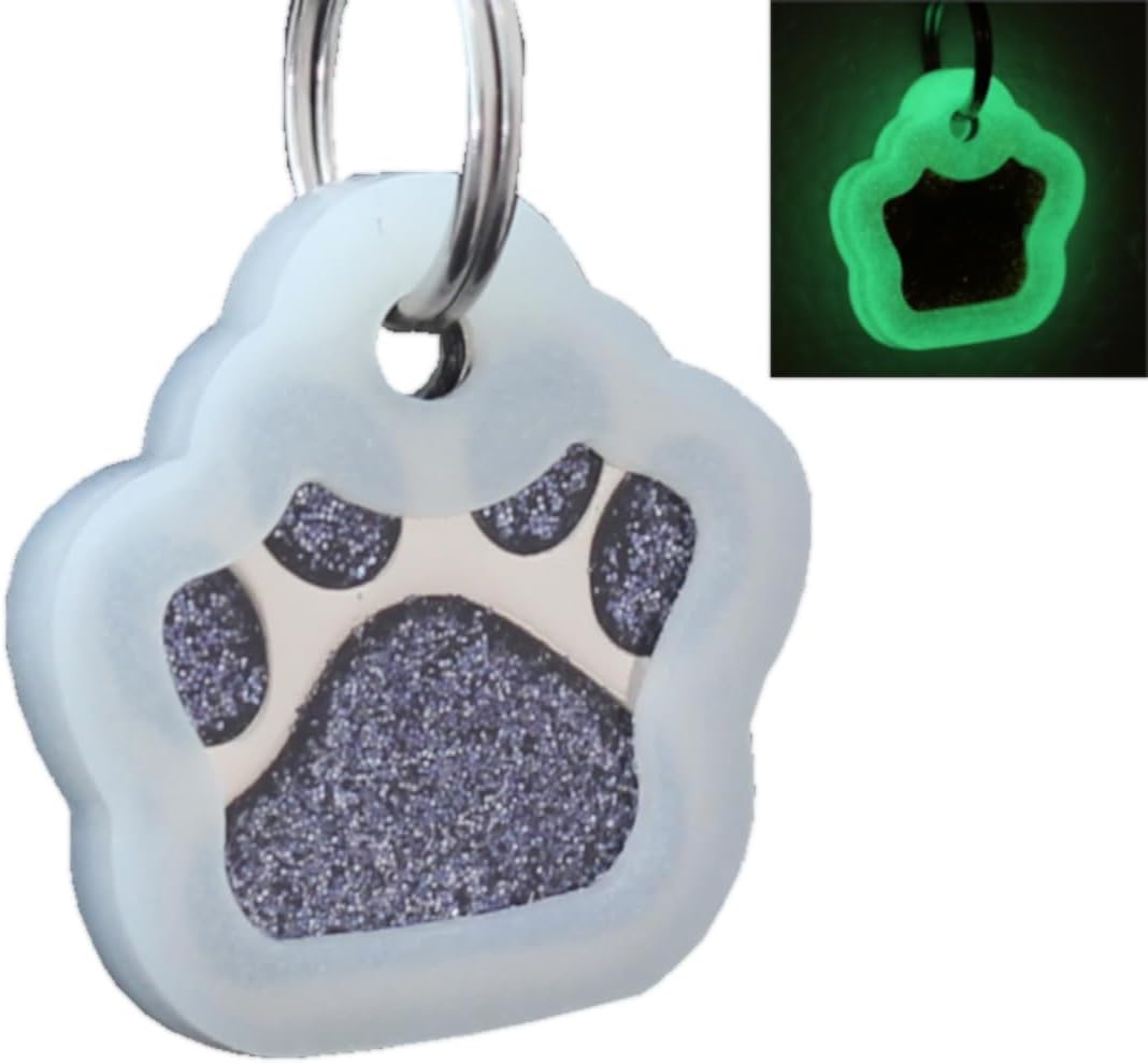 Pet ID Tags, Personalized Dog Tags and Cat Tags, Custom Engraved, Easy to Read, Cute Glitter Paw Pet Tag (Glitter Black Silencer)
