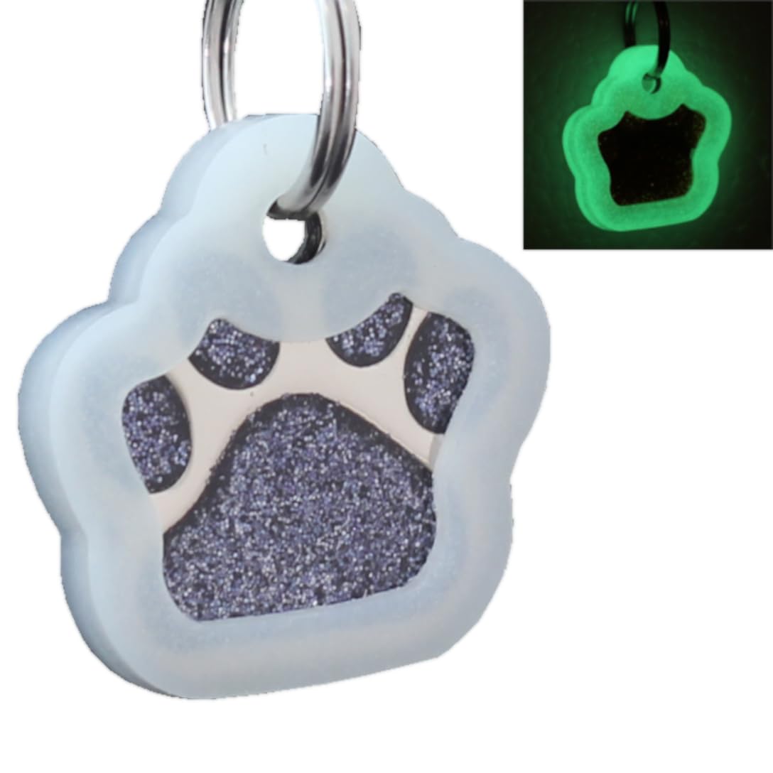 Pet ID Tags, Personalized Dog Tags and Cat Tags, Custom Engraved, Easy to Read, Cute Glitter Paw Pet Tag (Glitter Black Silencer)
