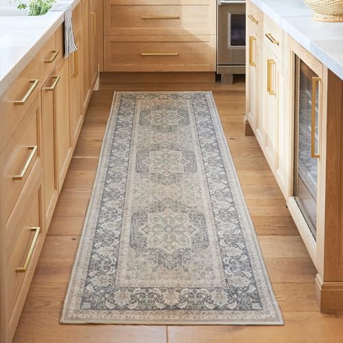 RUGGABLE Washable Vintage Runner Rug – Hendesi Heriz Abalone 2.5x10, Stain-Resistant, Non-Slip Hallway Runner with Cushioned Pad – Machine Washable Rug for Hallway, Entryway, Living Room & Kitchen