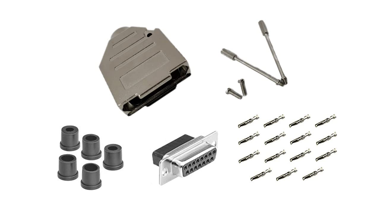 CompuCablePlusUSA.com Best D-Sub DB15 Crimp Female Kit with No-Ear, Full Profile, Deluxe Metal Hood (DB15, Female)