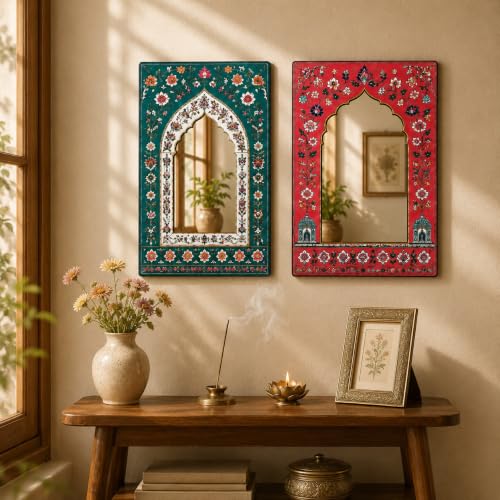 Image of American Elm Pack of 2 Jharokha Mirror Wall Decor for Home Decor Living Room Bedroom and Entryway Arch Acrylic Mirror Wall Hanging Ready to Hang