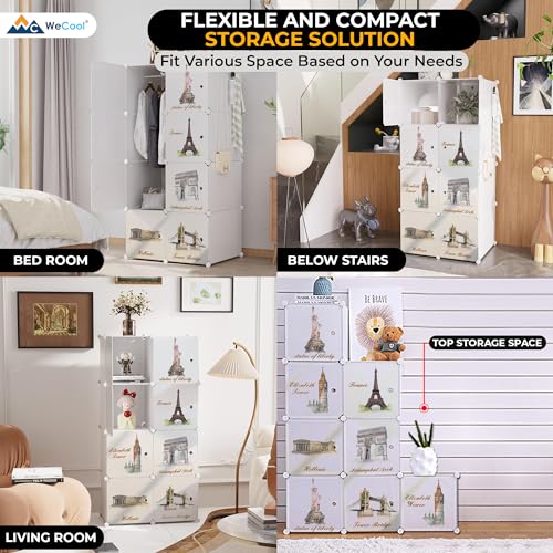 Image of CoolLeaf Soft Plastic Wardrobe for Clothes, Kids Almirah, 8 Doors Collapsible Wardrobe for Toys /Books, Baby Cupboard for Storage in Bedroom Nursery, White Tower (CW-WT8)