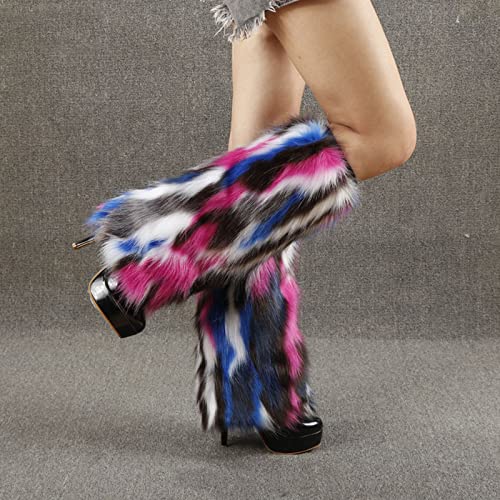 Image of Tie Dye Women Furry Leg Warmers Faux Fur Boot Covers Fluffies Cuffs, 15.7 inch Tall