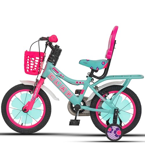 Image of Petal 14T Kids Bicycle with Training Wheels | Backrest, Basket & Full Chain Cover | Ideal for Girls Aged 3-5 Years (Sea Green-Pink, 14T)
