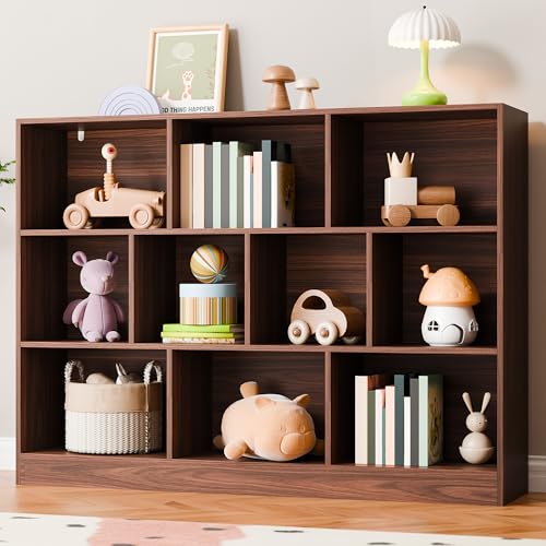 Image of Cozy Castle Brown Bookshelf, 3-Tier Open Shelf Bookcase, 10 Cube Storage Organizer with Anti-Tilt Device for Bedroom, Living Room, 55.11" W x 11.61“D x 40.94“H
