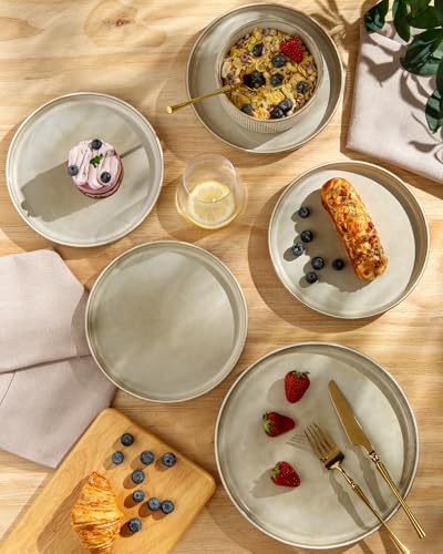 GBhome Steingut Geschirrset 6 Personen, 18-tlg Reaktive Glasur Handarbeit Steingut Geschirr Set, Mikrowellen- & Spülmaschinenfest Schüssel- und Teller Set,Cappuccino