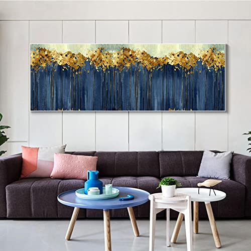 Peinture abstraite turquoise KEBIA aux arbres dorés pour un intérieur serein