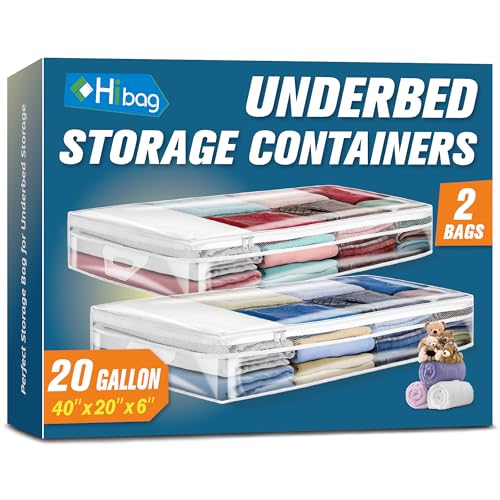 HIBAG 20 Gallon Under Bed Storage Containers, Underbed Clothing Storage Bins, Clear Plastic Organizer with Reinforced Handles, for Clothes Comforters Blankets Towels Pillows Bedding (2 Pack)