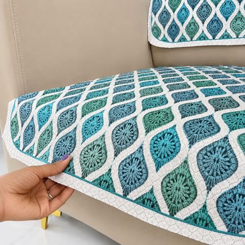Image of Homerz Premium 'Maharaja Paradise Series' Sofa Cover | Net Fabric Sofa Cover | Washable, Anti-Dust Backed & Wrinkle Resistant Cover (Aqua Lattice, 1 Seater, Seat Cover with Backrest)